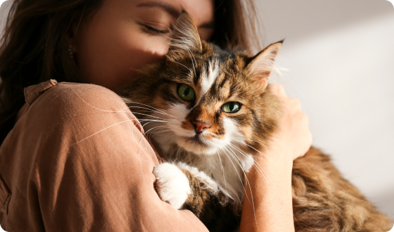 Woman hugging a furry cat